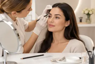 Une professionnelle dessine la forme des sourcils d’une cliente lors d’une consultation dans un studio de beauté lumineux.