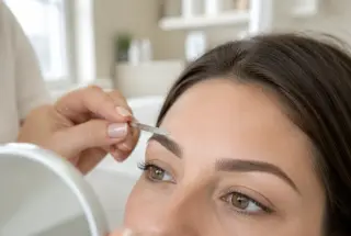 Gros plan sur les sourcils naturels d’une femme examinés par une professionnelle dans un institut de beauté.